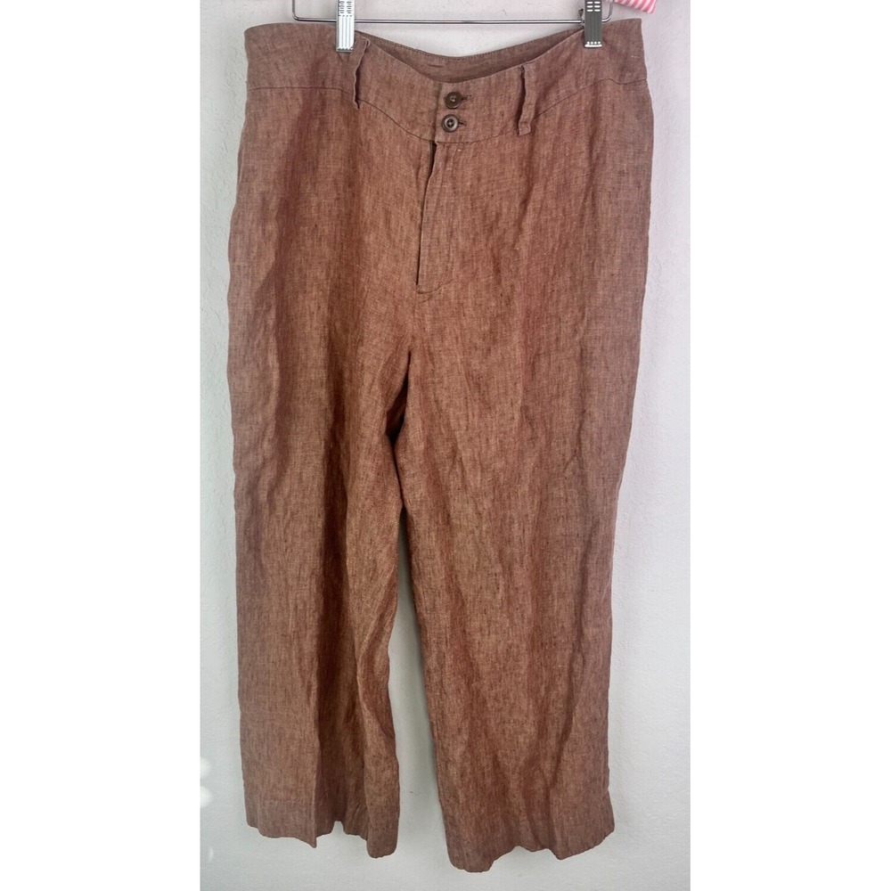 Hunt Club Linen Wide Leg Pants Brown 100% Linen Trousers Size 14 High‎ Rise
